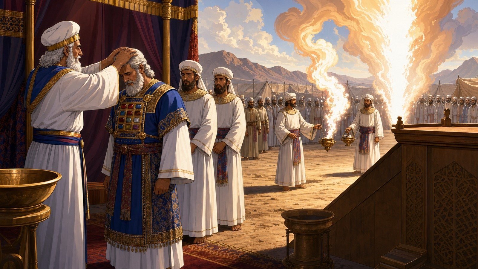 Illustration: Aaron's priesthood installed; Nadab and Abihu's unauthorised fire