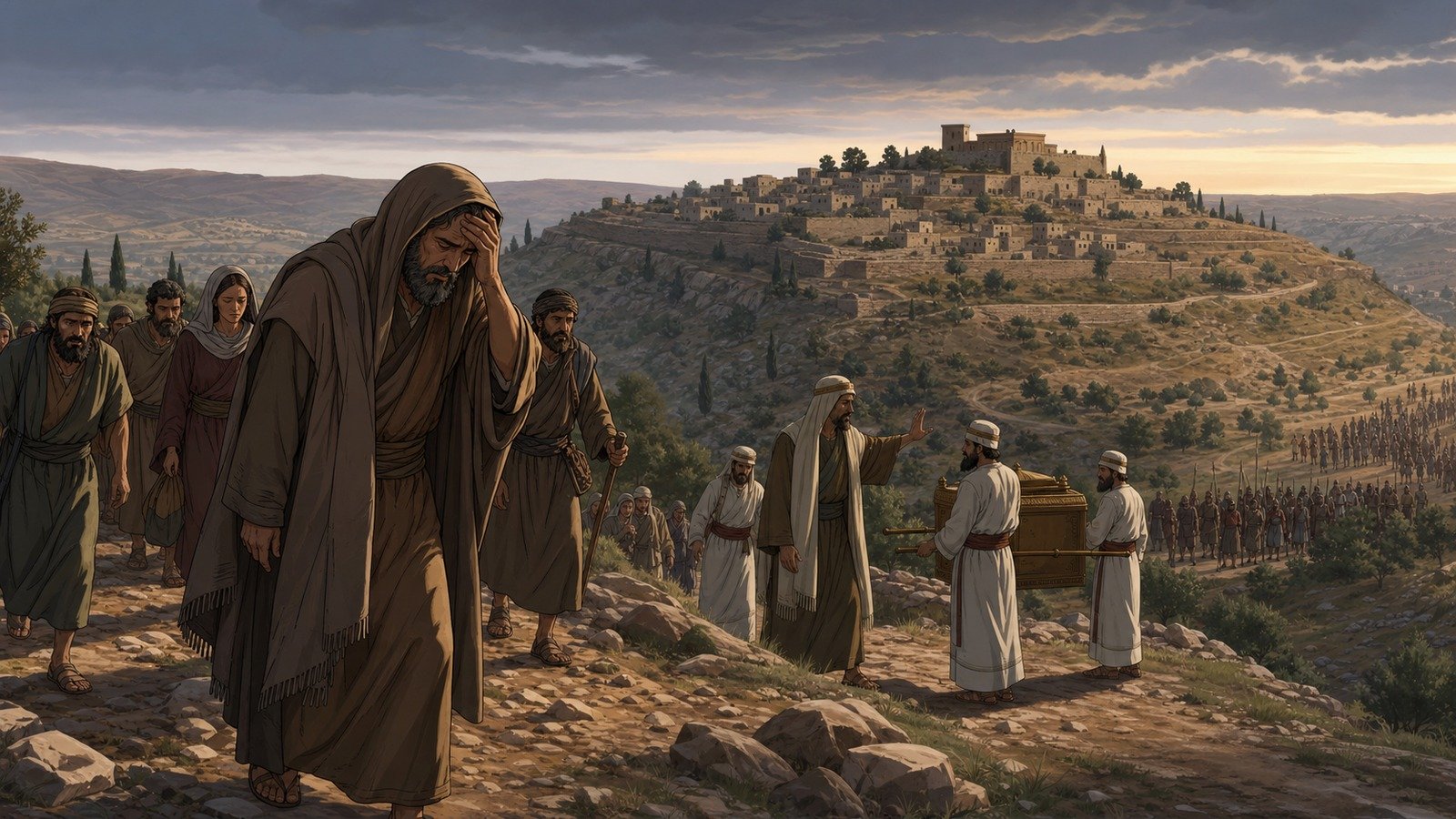 Illustration: Absalom's open rebellion; David flees Jerusalem