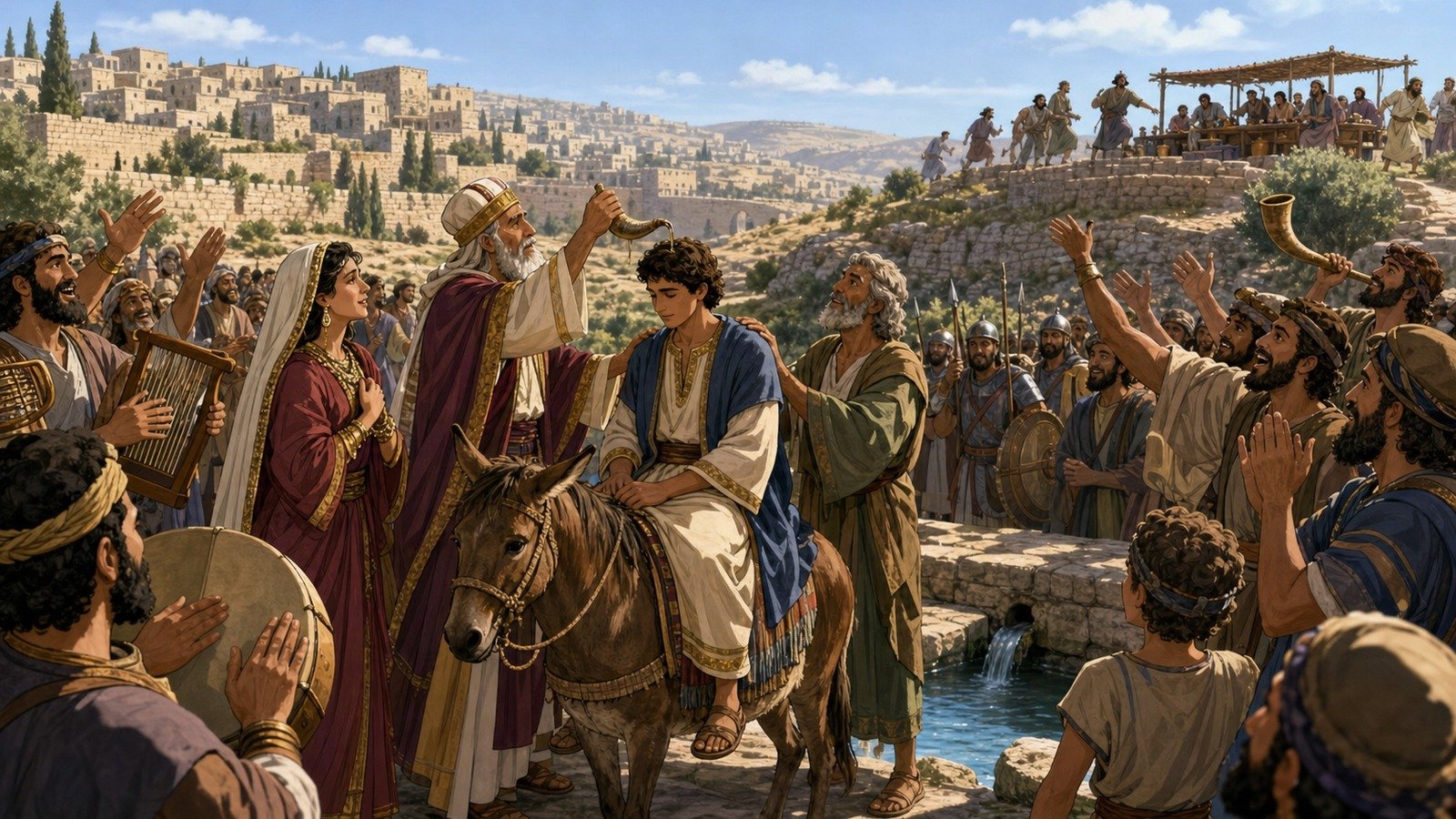 Illustration: Adonijah's attempted usurpation; Solomon anointed king
