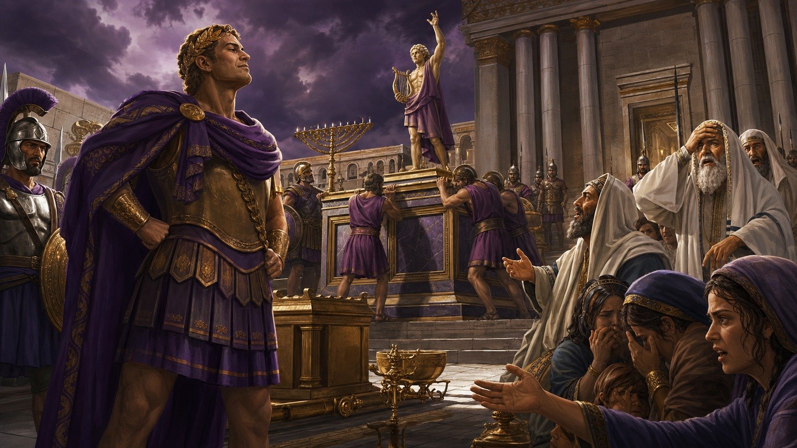 Illustration: Antiochus IV Epiphanes desecrates the Temple
