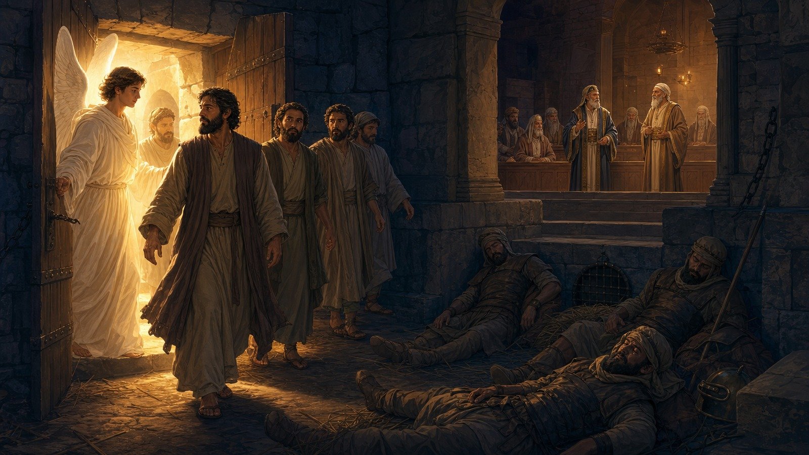 Illustration: Apostles arrested again; freed by an angel; Gamaliel's counsel