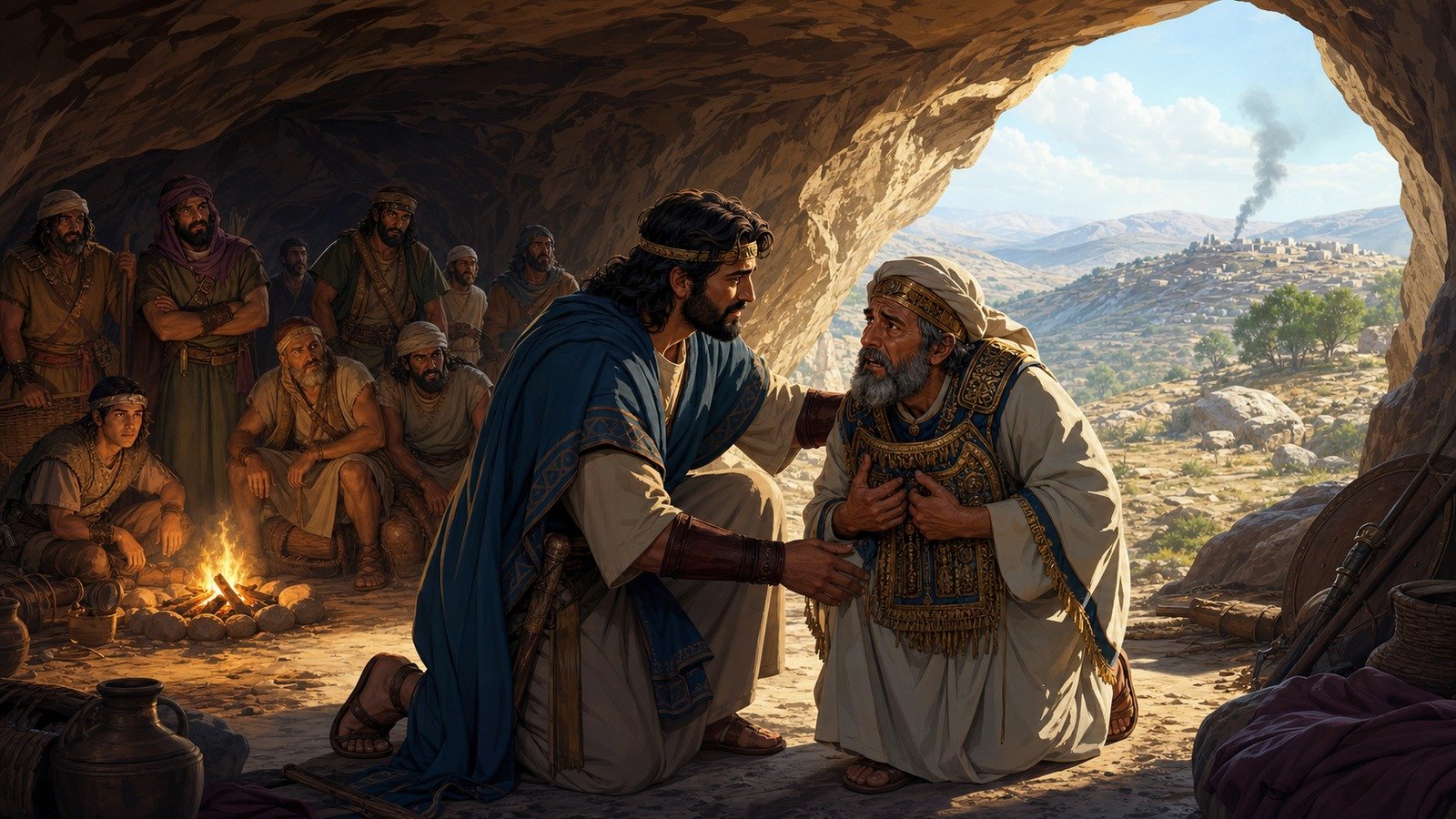 Illustration: David at Adullam; Saul massacres the priests of Nob