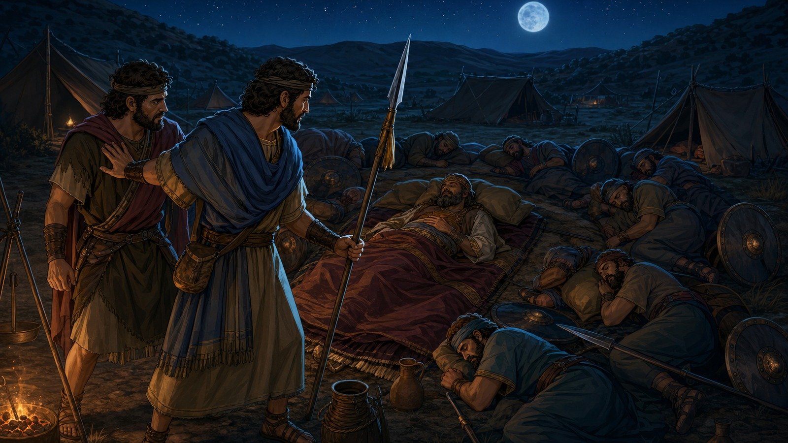 Illustration: David spares Saul's life a second time in the Ziph wilderness