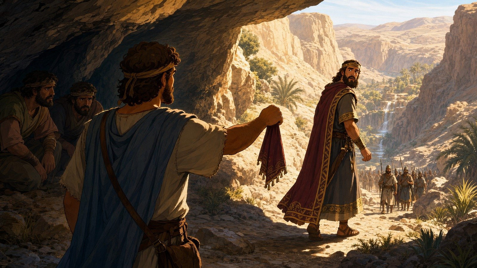 Illustration: David spares Saul's life at En Gedi