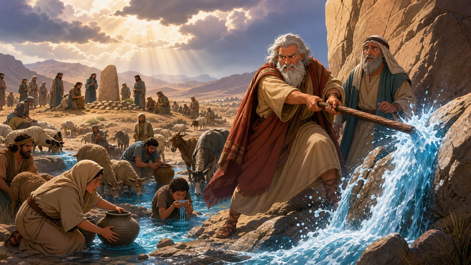 Illustration: Death of Miriam; water from the rock at Meribah