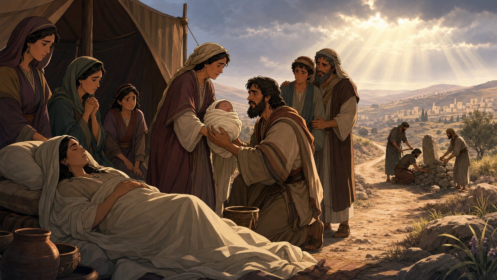 Illustration: Death of Rachel; birth of Benjamin