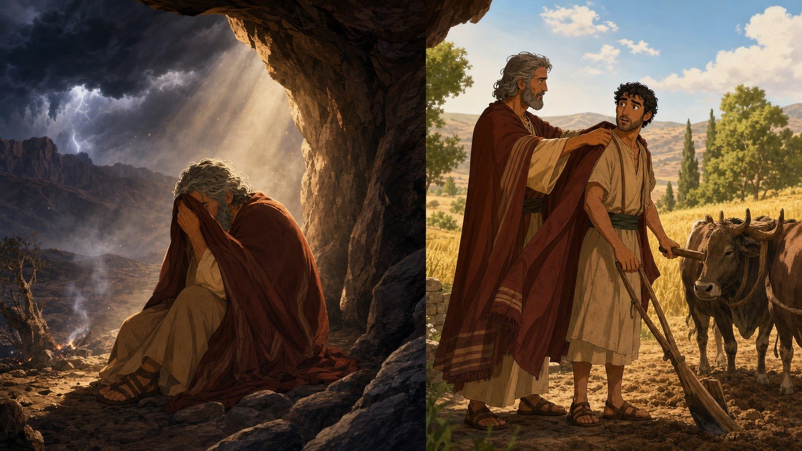 Illustration: Elijah at Horeb; the still small voice; Elisha called