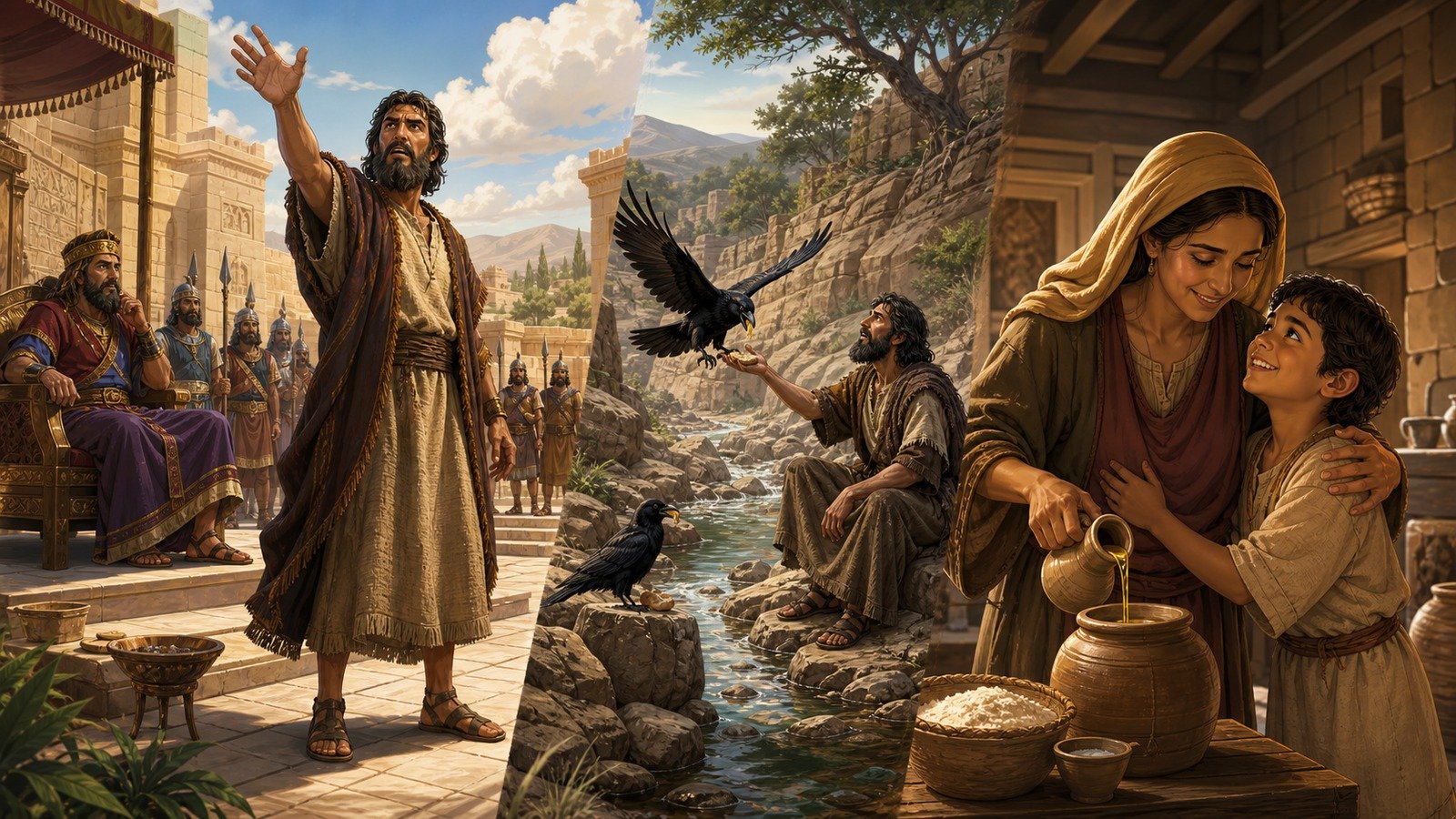 Illustration: Elijah confronts Ahab; drought and the widow of Zarephath