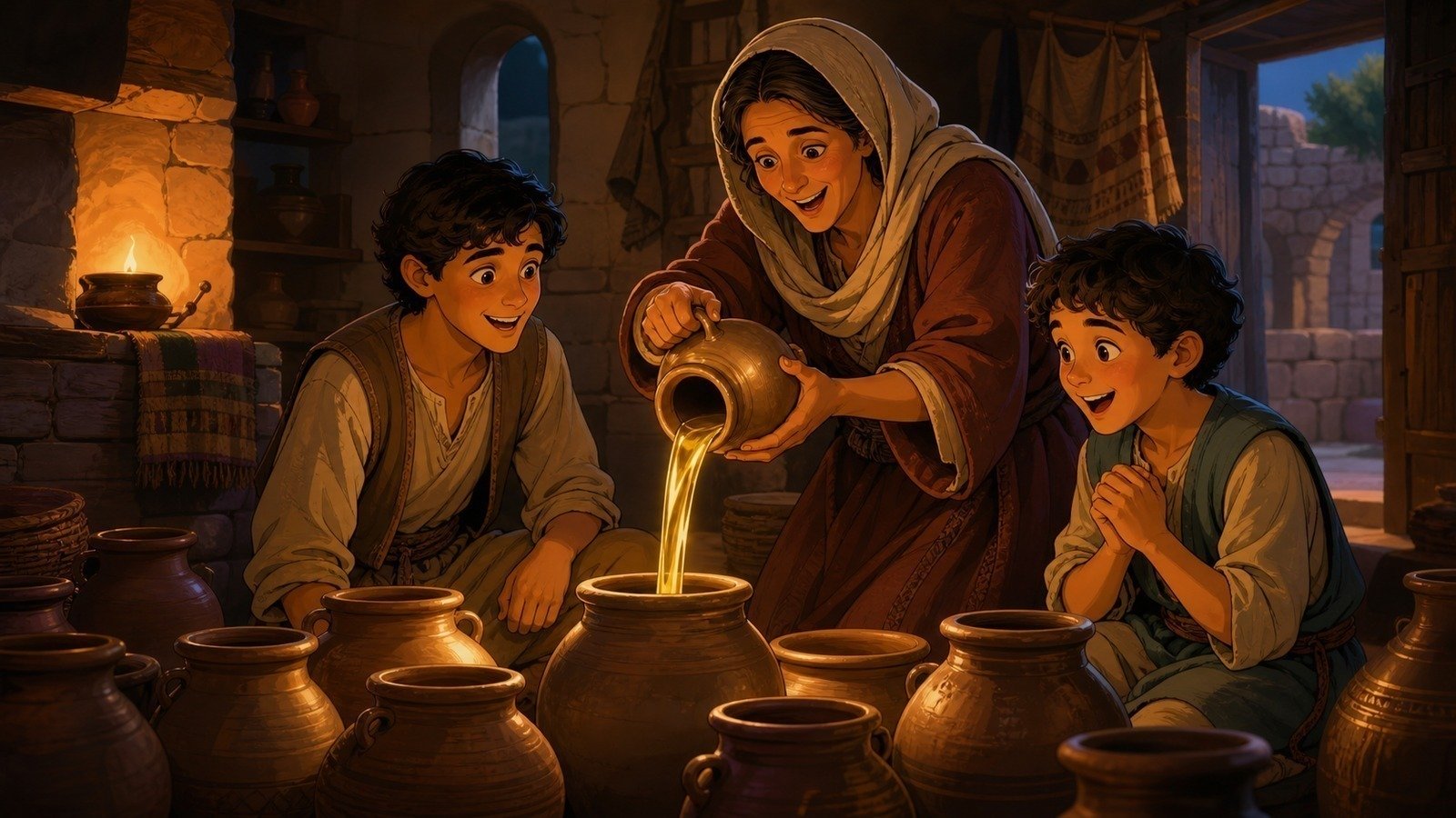Illustration: Elisha multiplies a widow's oil