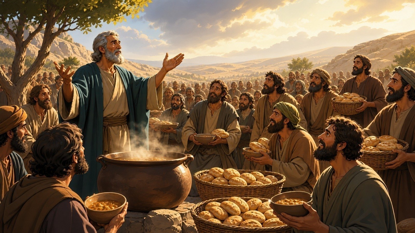 Illustration: Elisha purifies a stew and multiplies bread