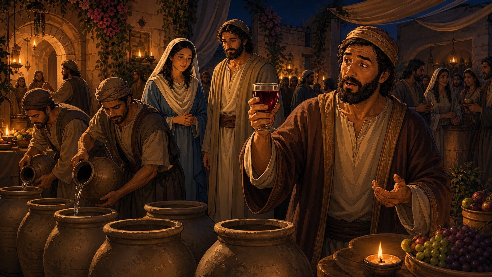 Illustration: First miracle: water into wine at Cana