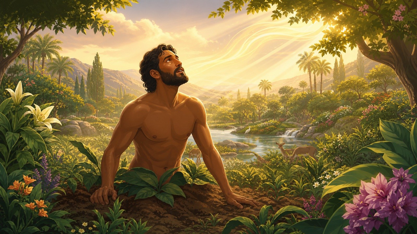 Illustration: Formation of Adam; placed in the Garden of Eden