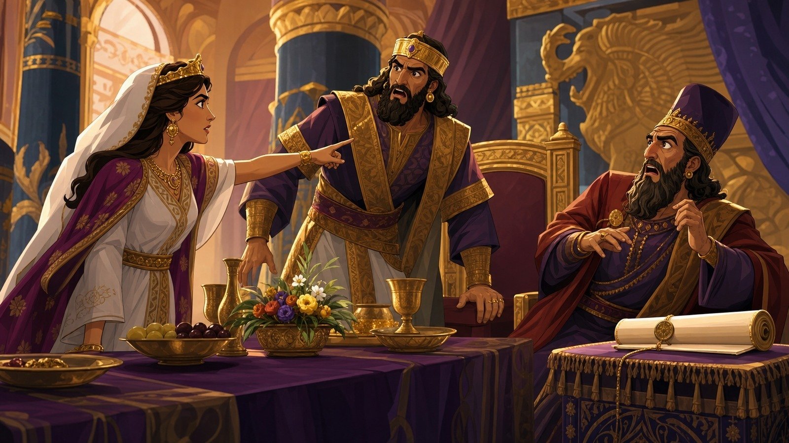 Illustration: Haman's plot exposed; Esther's intervention