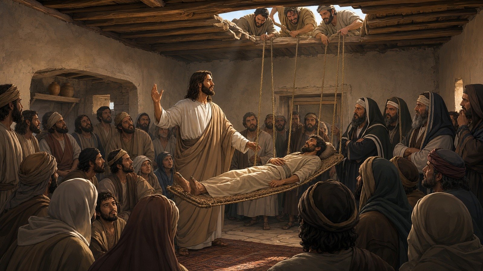 Illustration: Healing of a paralysed man; forgiveness of sins declared