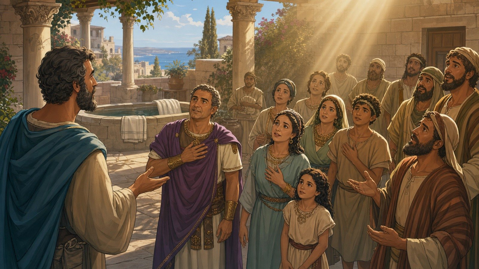Illustration: Holy Spirit falls on Cornelius' household; Gentiles baptised