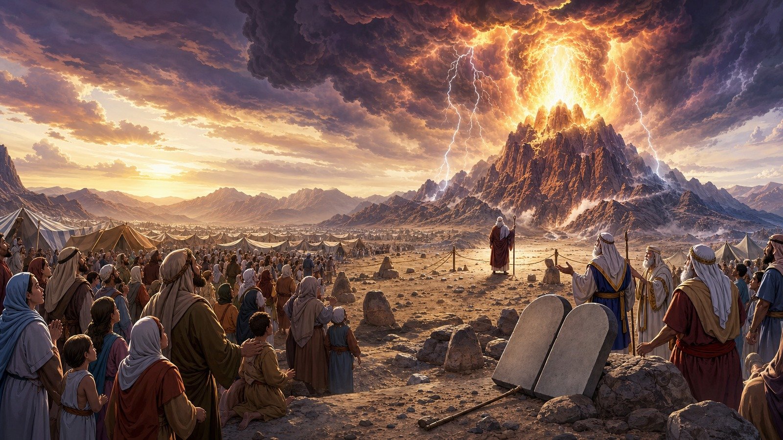 Illustration: Israel arrives at Sinai; the Ten Commandments given