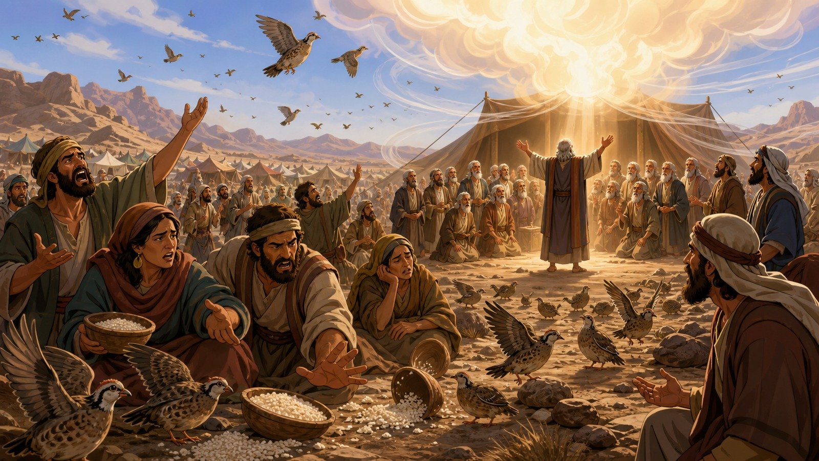 Illustration: Israel complains for meat; the seventy elders