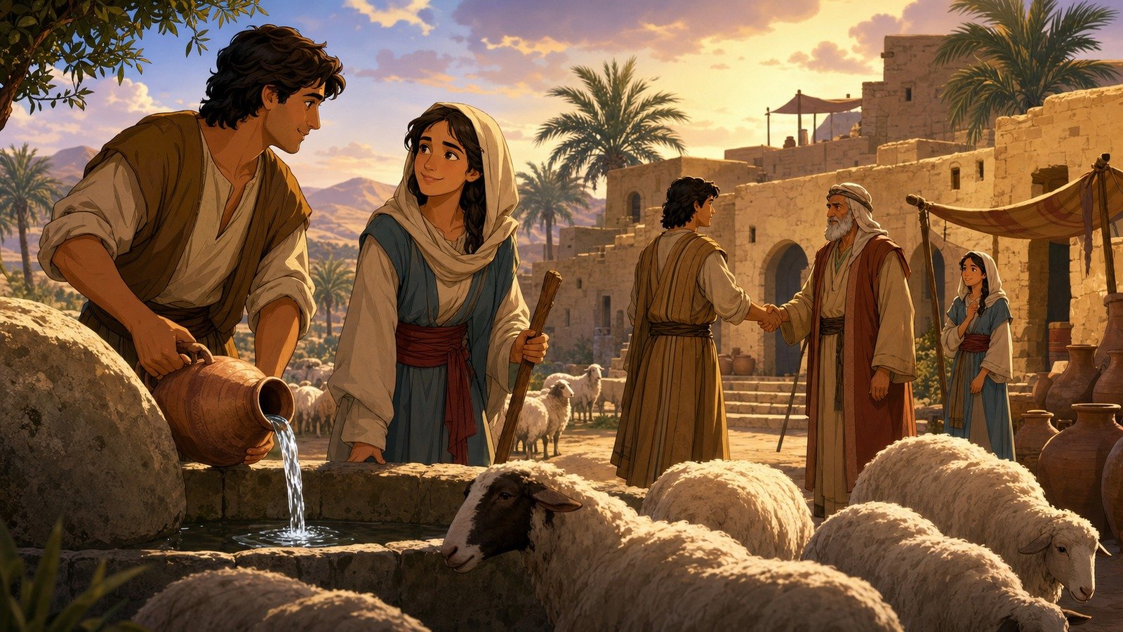 Illustration: Jacob agrees to serve Laban for Rachel