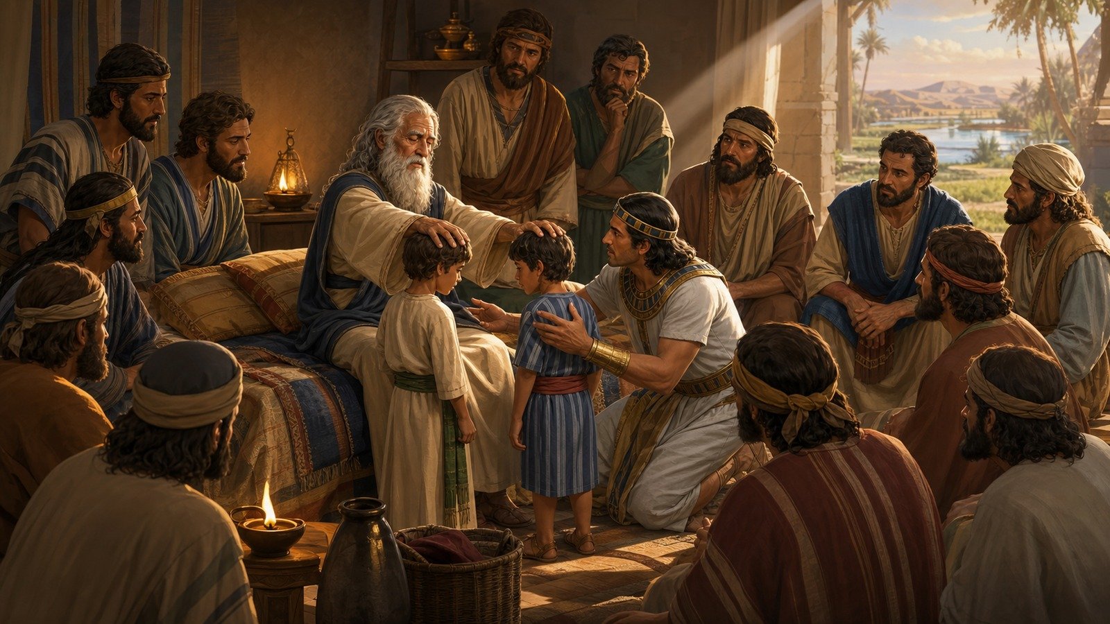 Illustration: Jacob blesses Joseph's sons and his own sons
