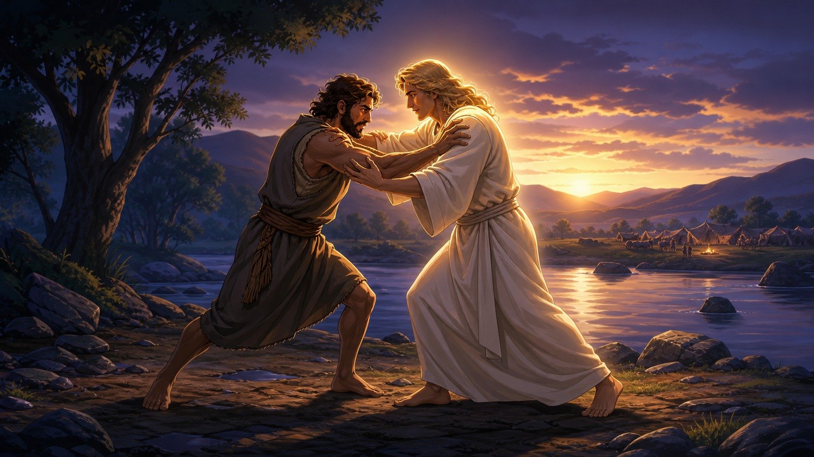 Illustration: Jacob wrestles at Peniel; renamed Israel