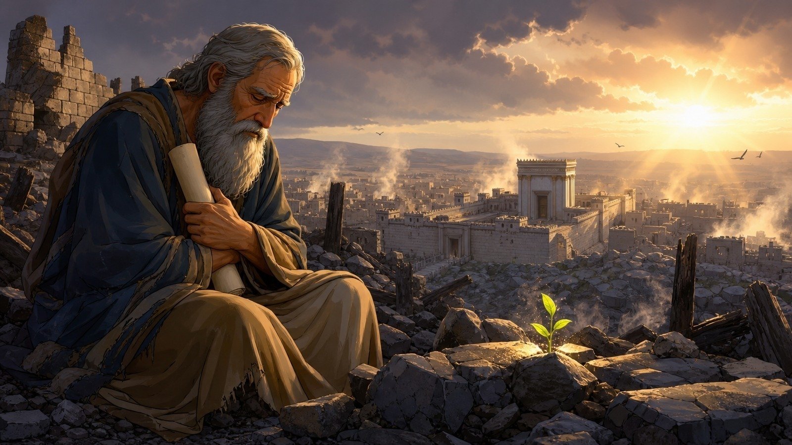 Illustration: Jeremiah laments the fall of Jerusalem