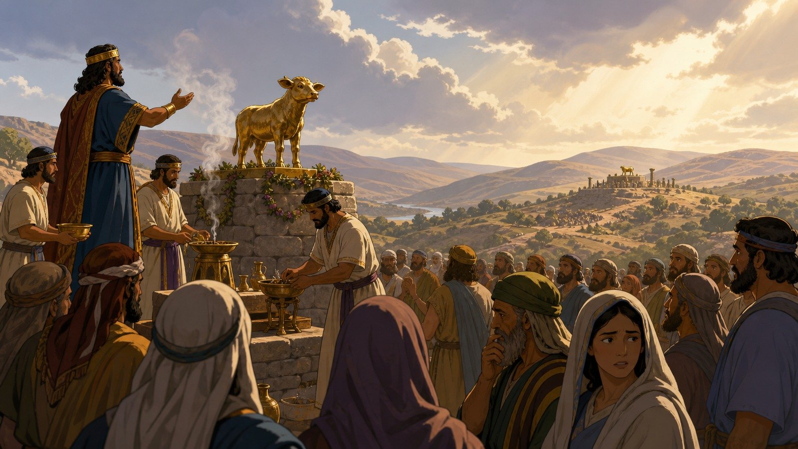 Illustration: Jeroboam I: golden calves at Bethel and Dan