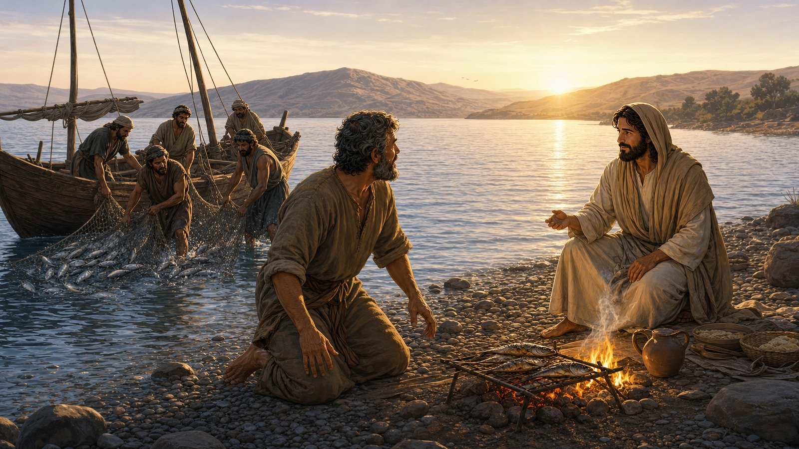 Illustration: Jesus appears by the Sea of Galilee; restoration of Peter