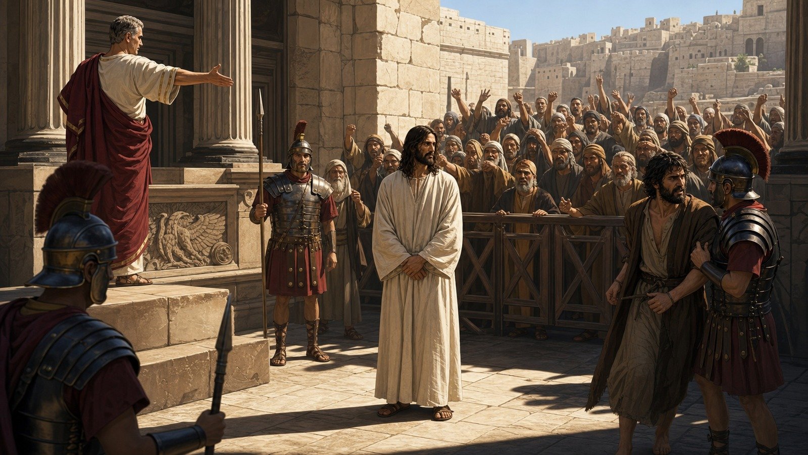 Illustration: Jesus before Herod; Pilate yields to the crowd