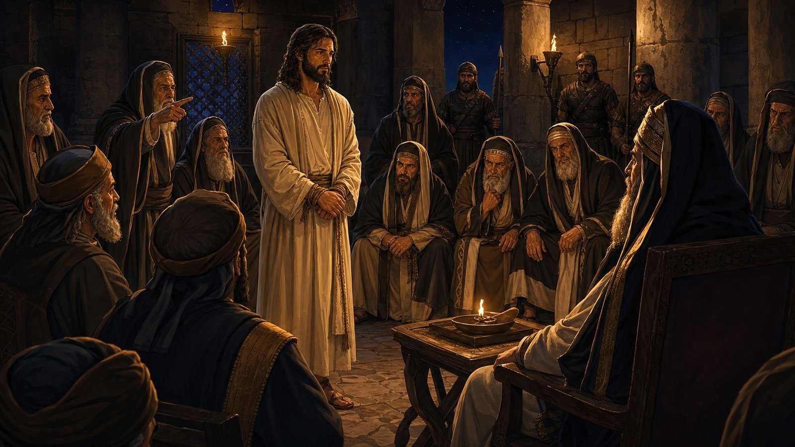 Illustration: Jesus before the Sanhedrin and Caiaphas