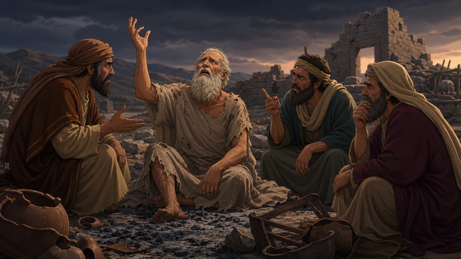 Illustration: Job's suffering and his dialogues with his friends