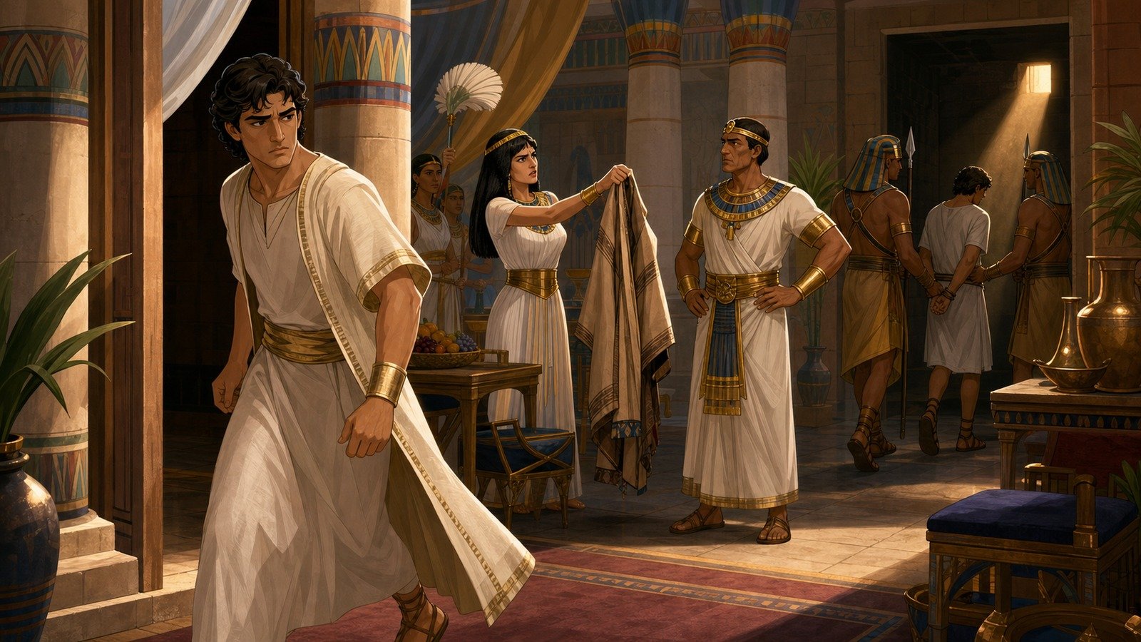 Illustration: Joseph in Potiphar's house; falsely accused and imprisoned