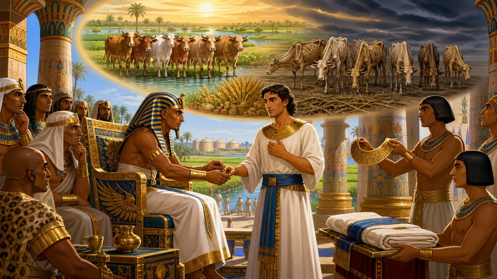 Illustration: Joseph interprets Pharaoh's dream and rises to power