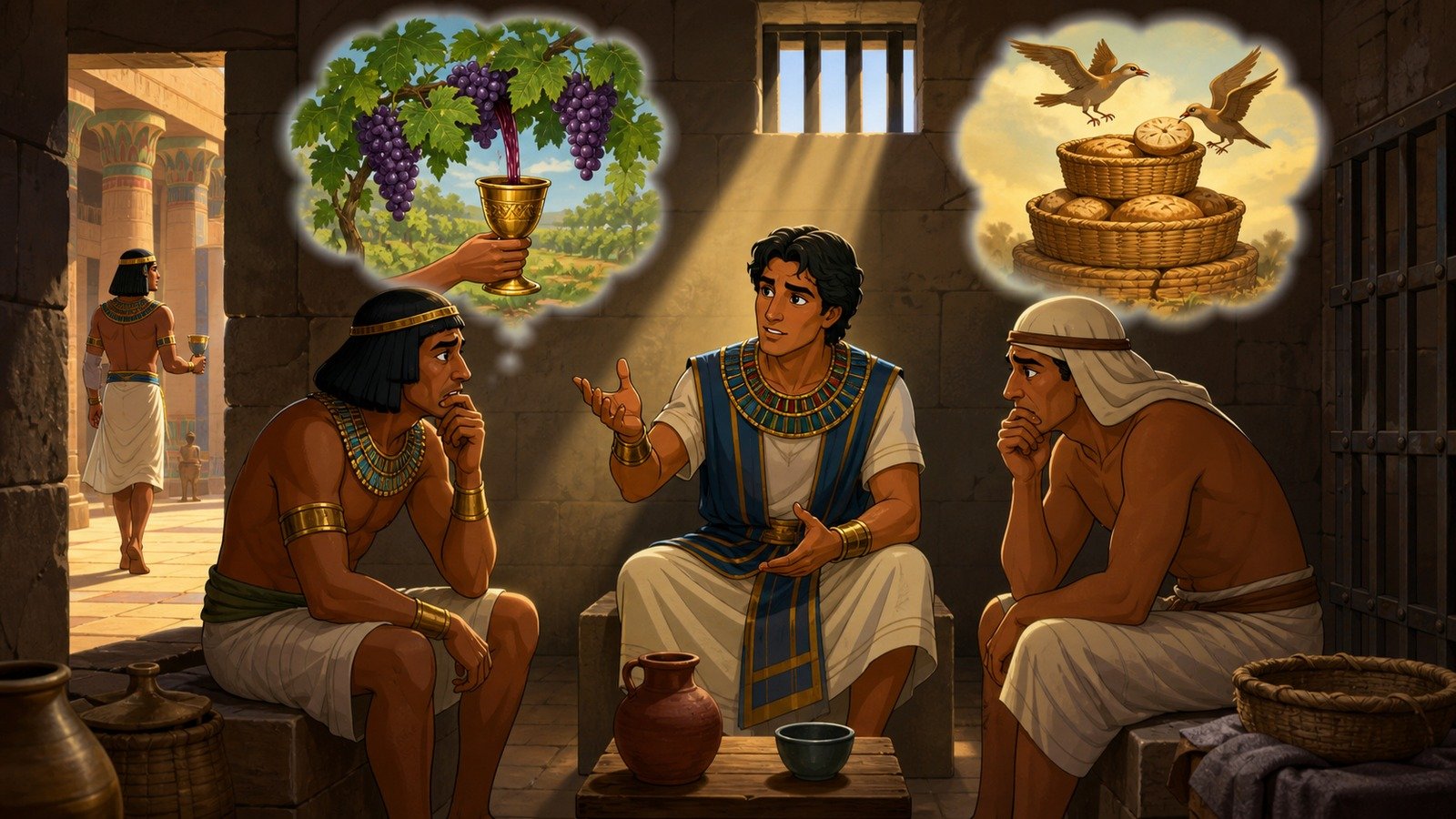 Illustration: Joseph interprets the cupbearer's and baker's dreams