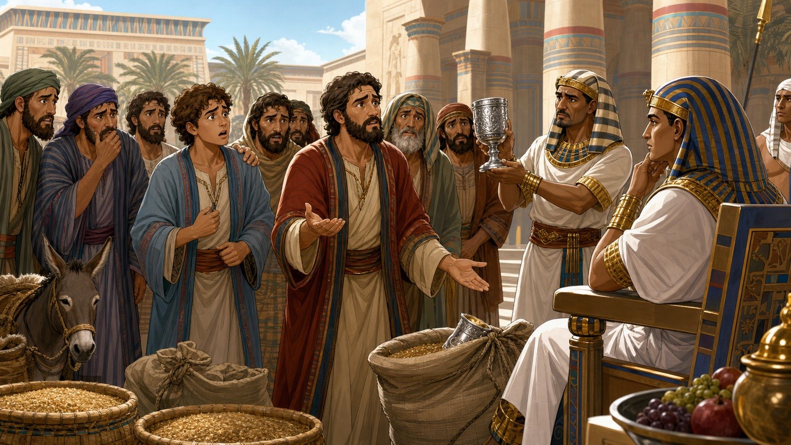 Illustration: Joseph's brothers' second journey; Benjamin tested