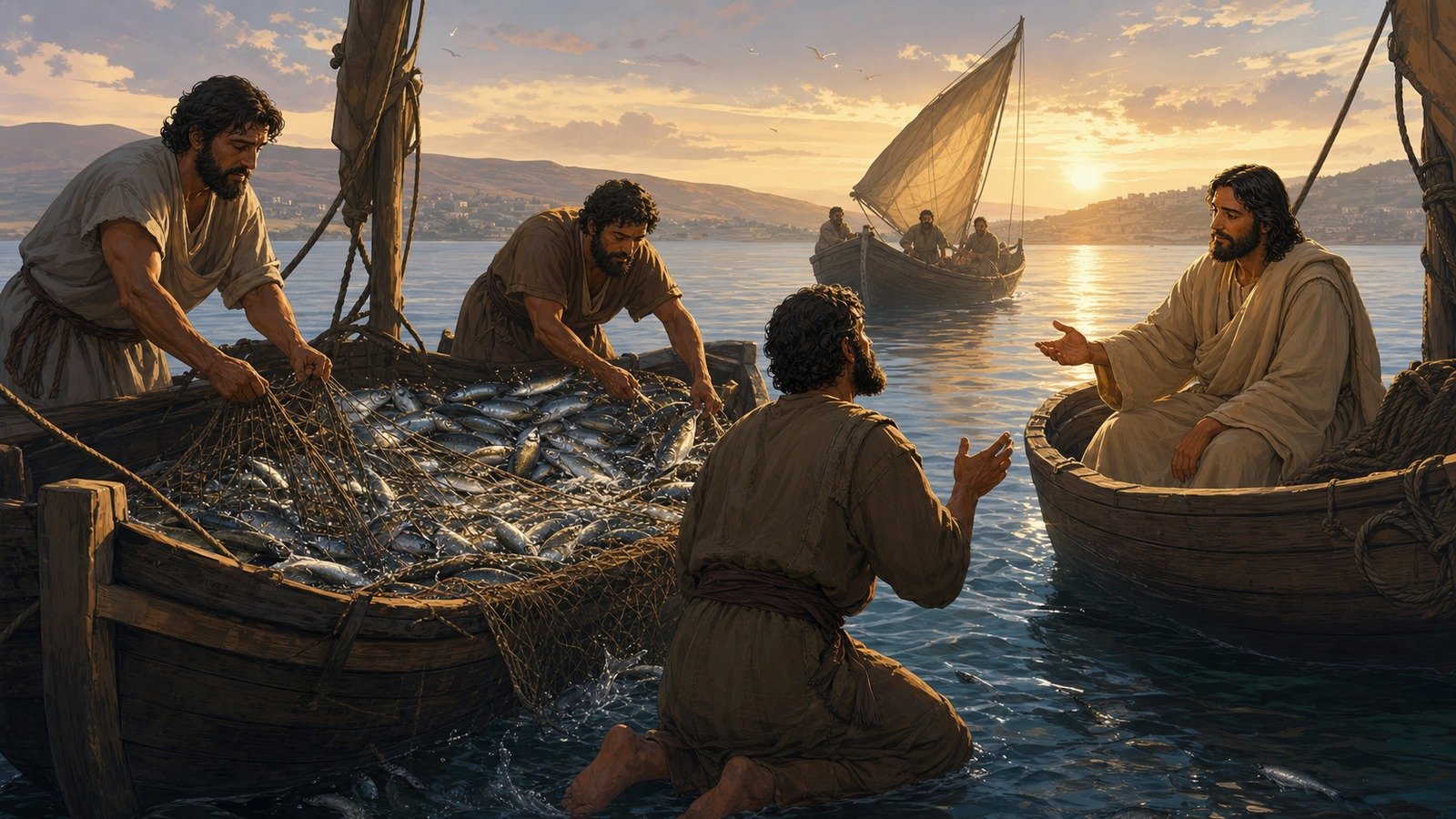 Illustration: Miraculous catch of fish; formal call of Peter, James and John