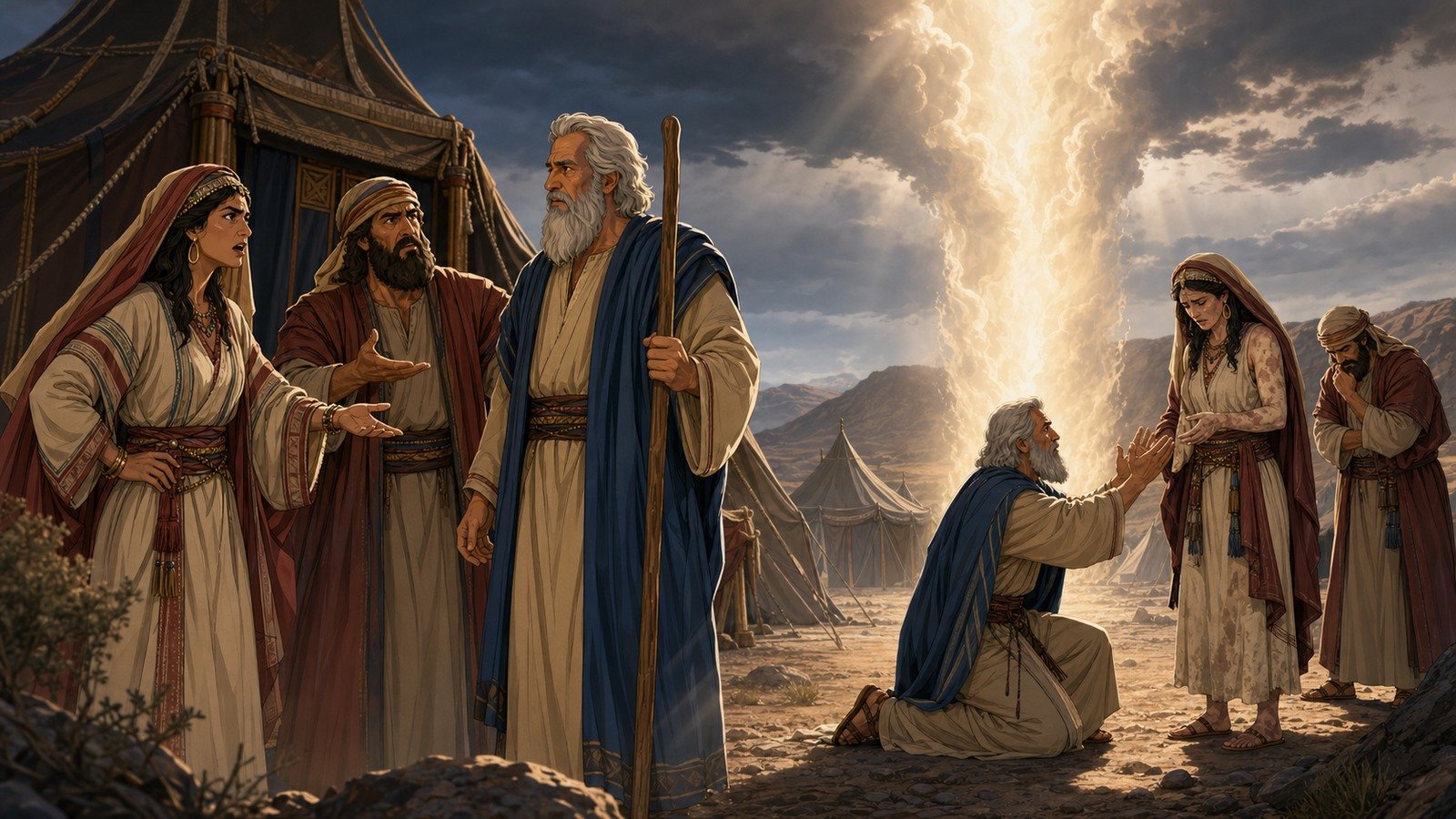 Illustration: Miriam and Aaron challenge Moses; Miriam's skin disease