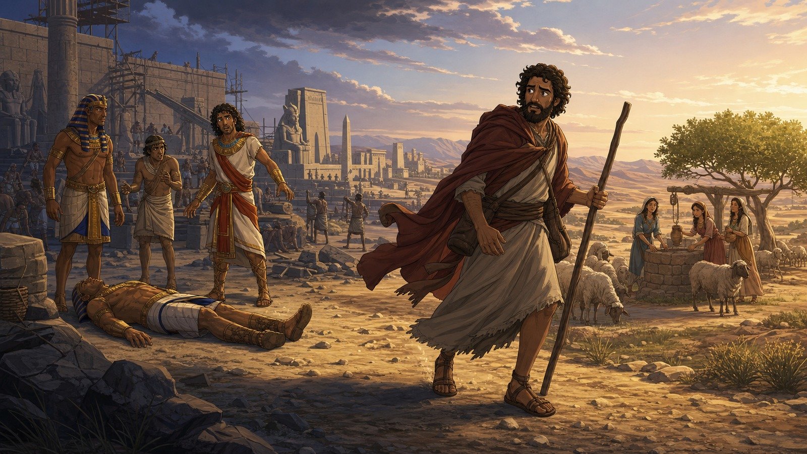 Illustration: Moses flees to Midian after killing an Egyptian