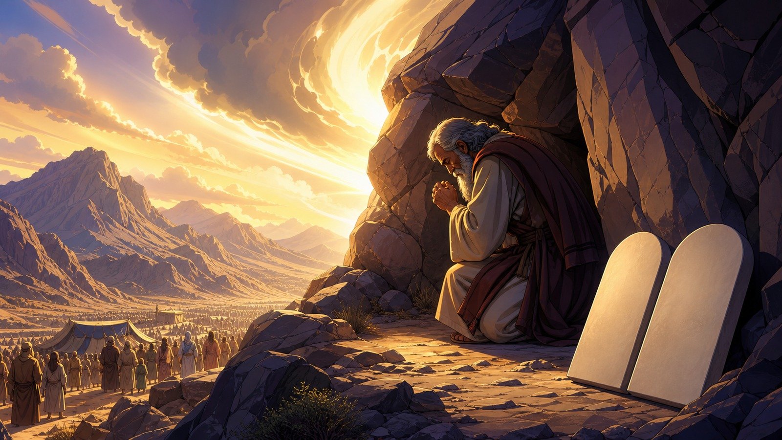 Illustration: Moses intercedes; the covenant renewed
