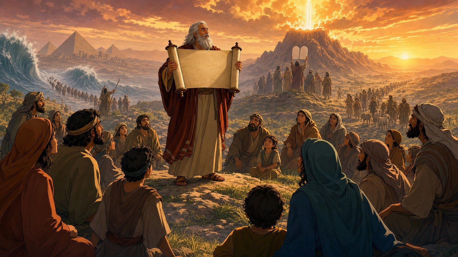 Illustration: Moses reviews Israel's history and restates the Law
