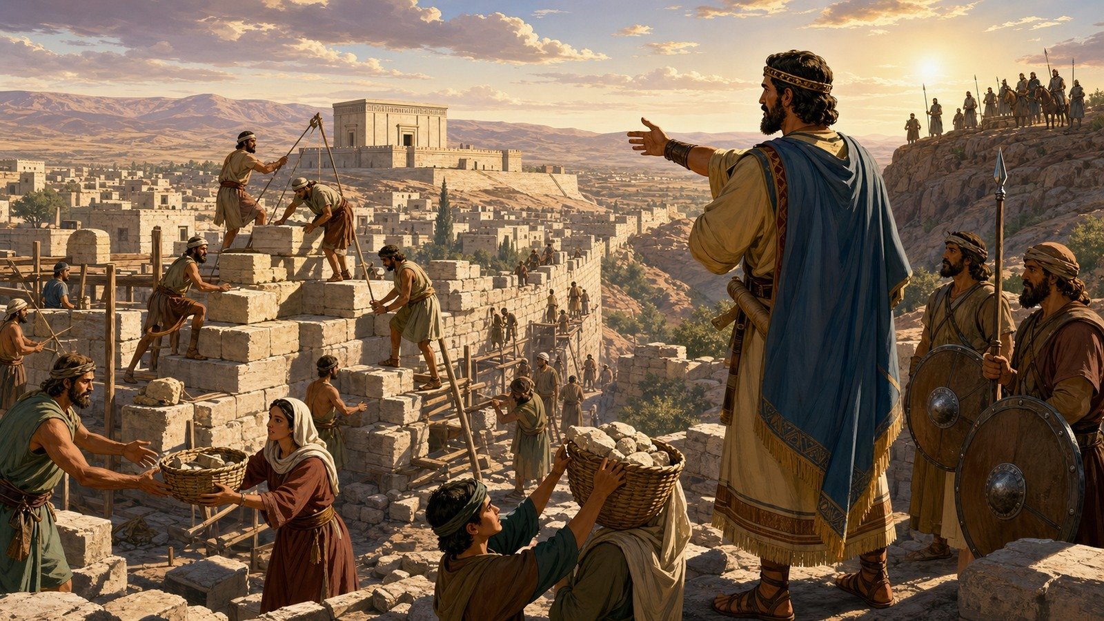 Illustration: Nehemiah's return; rebuilding Jerusalem's walls