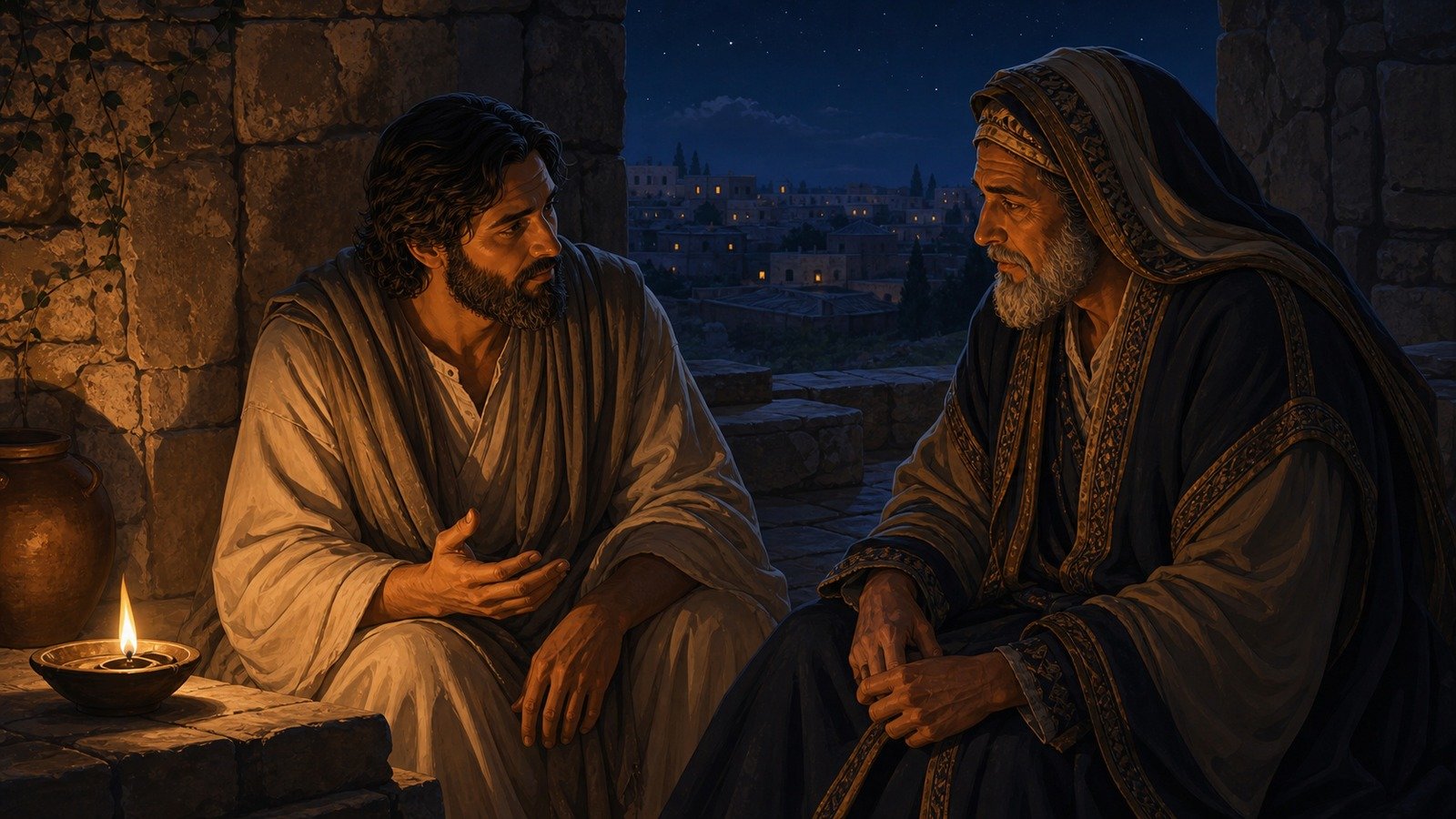 Illustration: Nicodemus visits Jesus at night