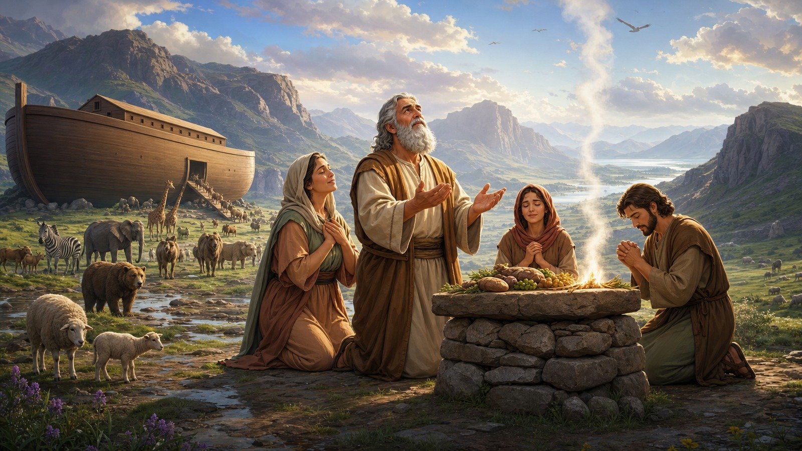 Illustration: Noah leaves the ark and offers sacrifice
