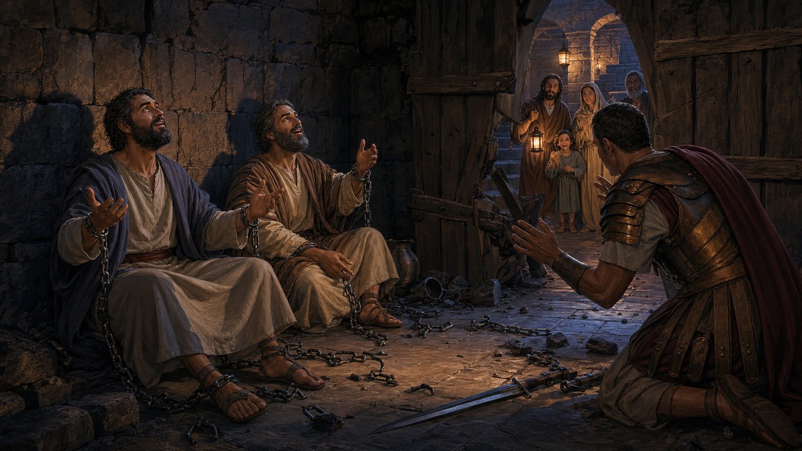 Illustration: Paul and Silas imprisoned and freed; the jailer's conversion