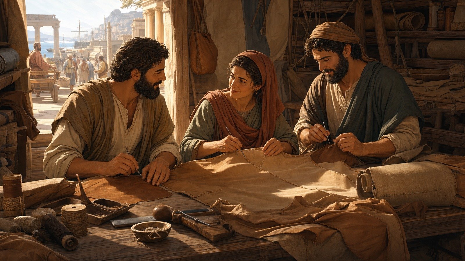 Illustration: Paul arrives at Corinth; meets Aquila and Priscilla