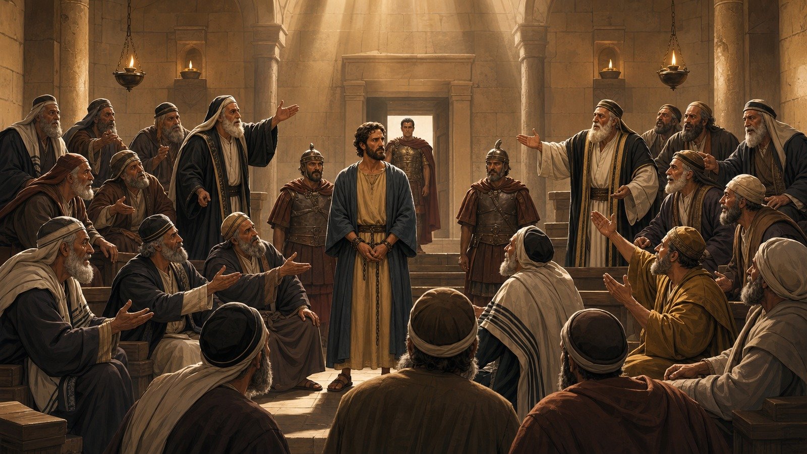 Illustration: Paul before the Sanhedrin; Pharisees and Sadducees divided