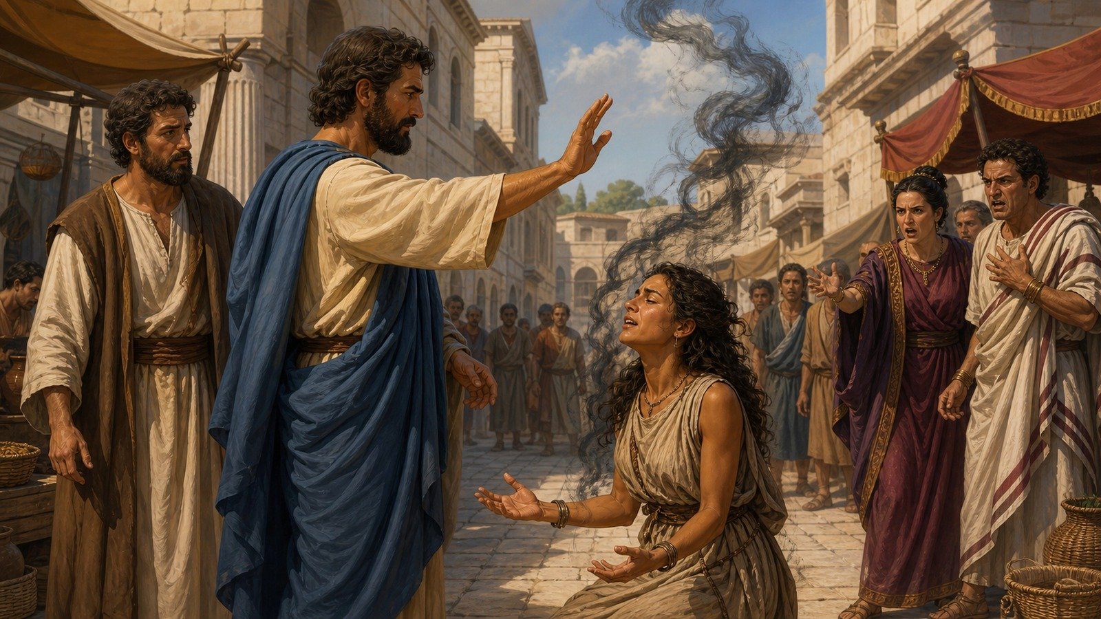 Illustration: Paul casts out a spirit from a slave girl at Philippi