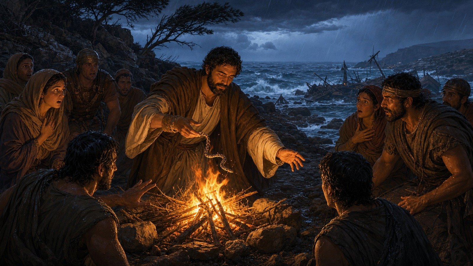 Illustration: Paul on Malta; bitten by a viper, unharmed