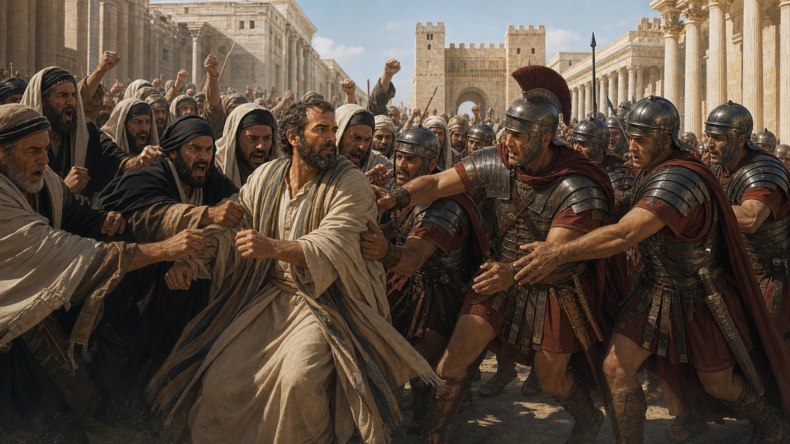 Illustration: Paul seized in the Temple; near-lynching