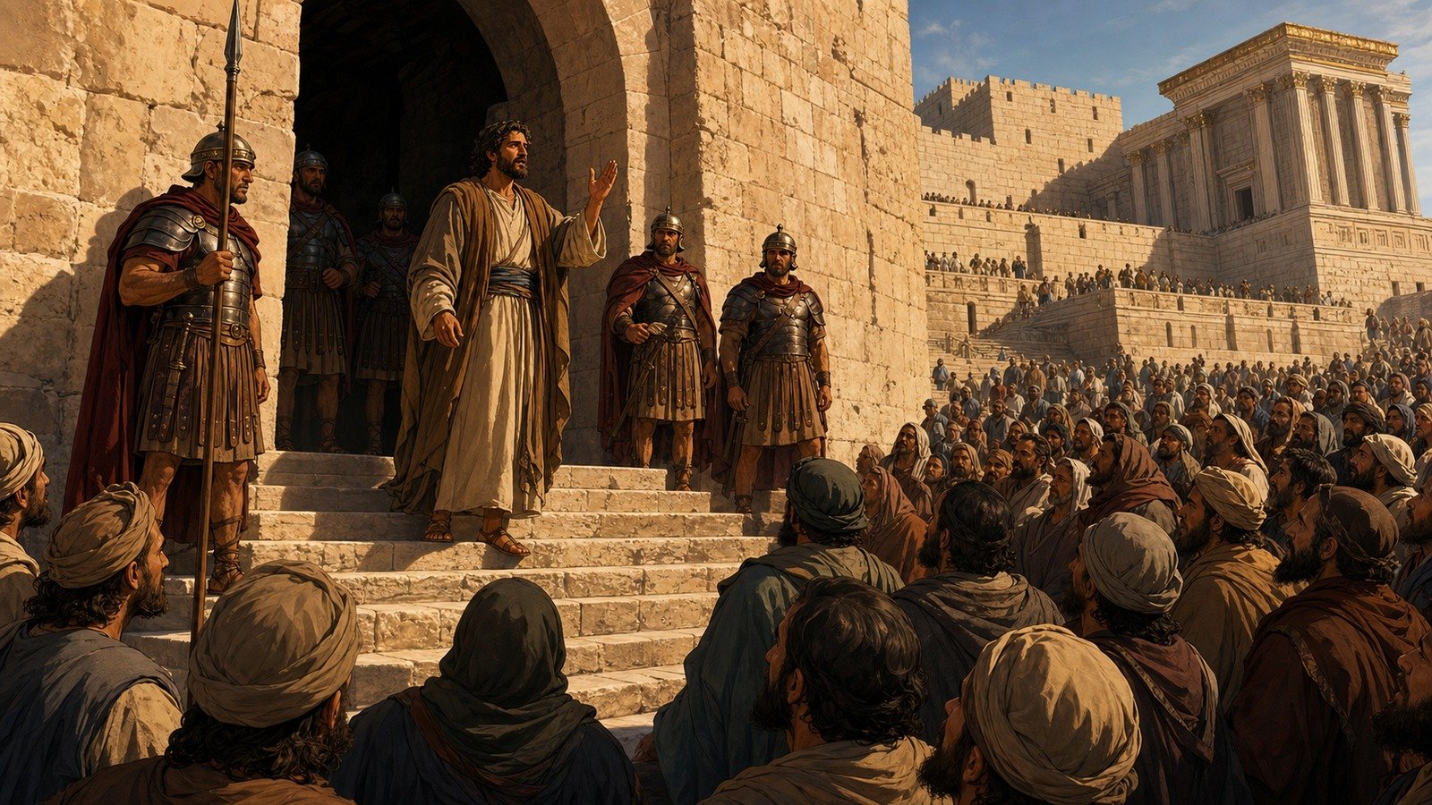 Illustration: Paul's speech to the crowd from the barracks steps