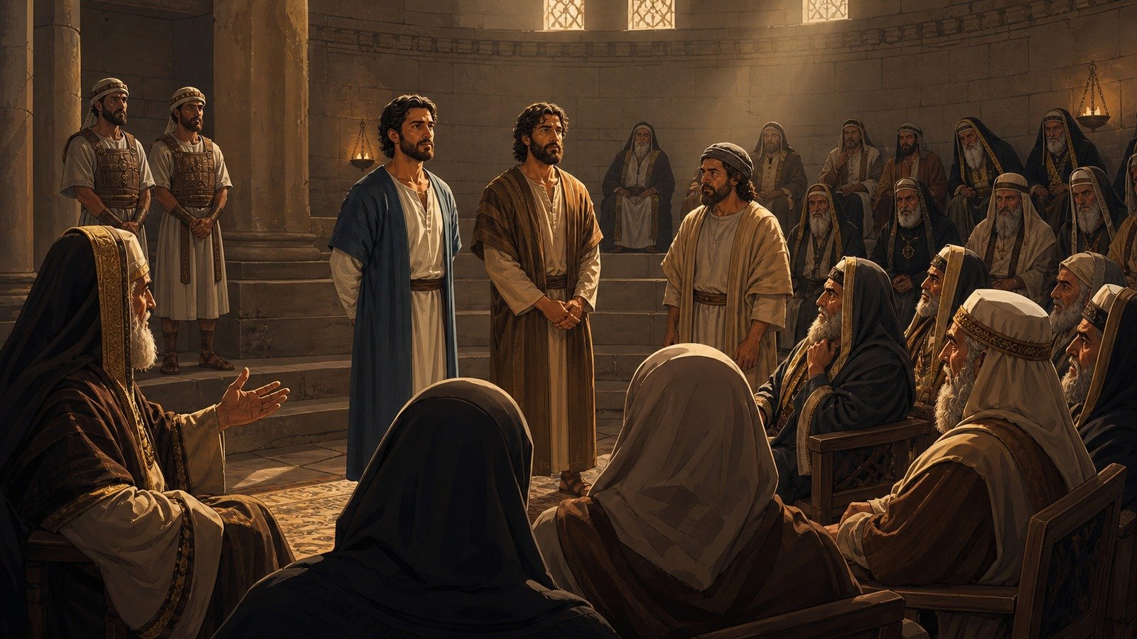 Illustration: Peter and John arrested and brought before the Sanhedrin
